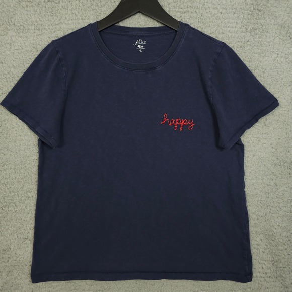J. Crew Tops - J Crew Shirt Womens Large Blue Red Embroidered Happy Crew Neck Slub Cotton Tee
